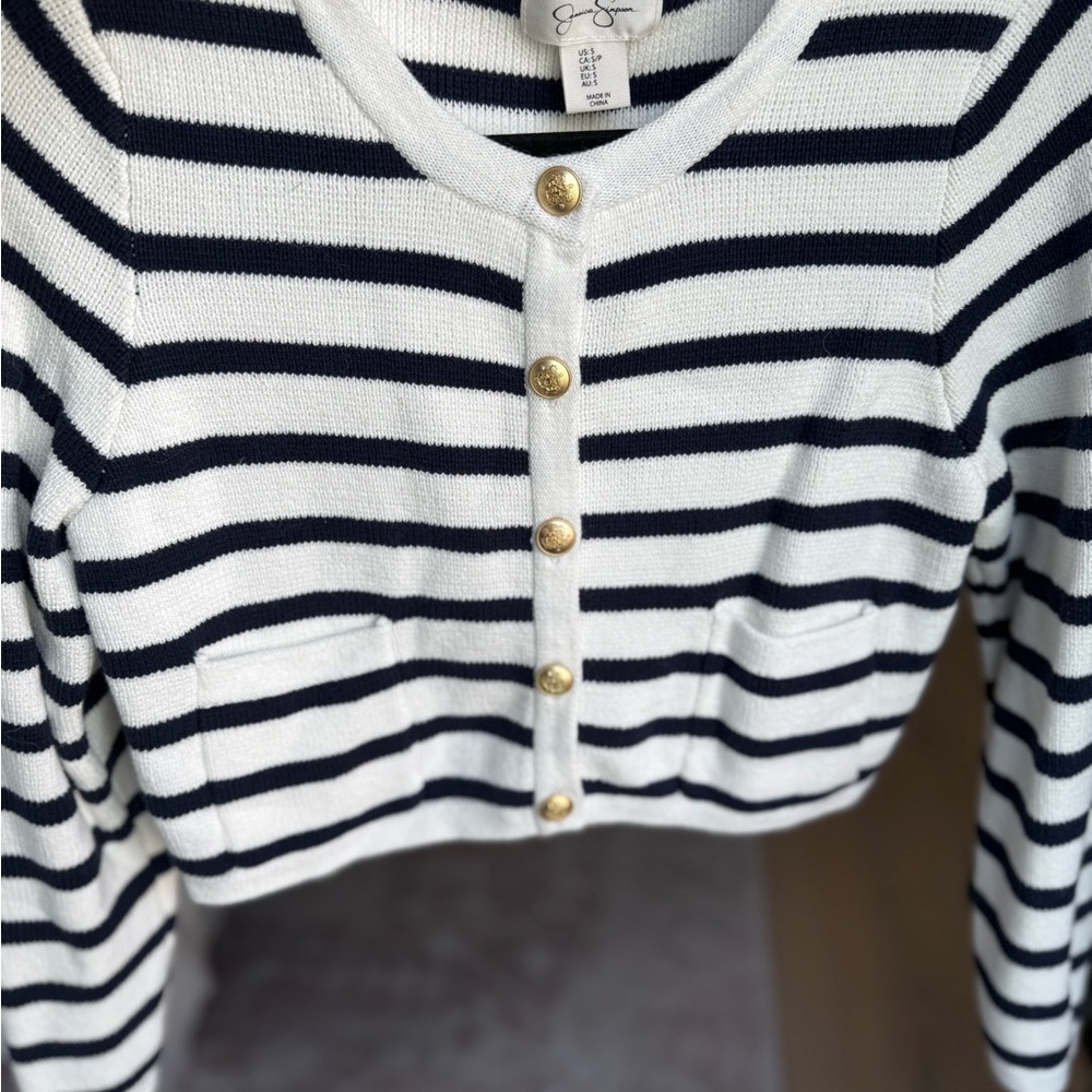 Blue Striped Cardigan with Gold Buttons